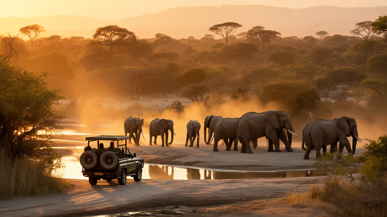 Elephants crossing the road in Kruger National Park